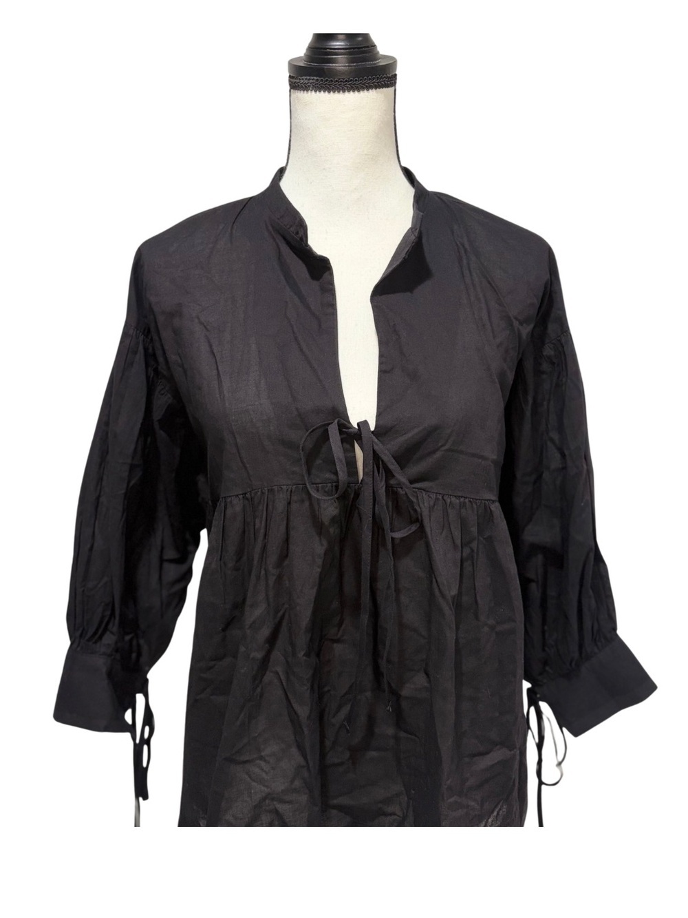 Modern Citizen Black Tie Front Blouse with Mandarin Collar - Picture 2 of 7